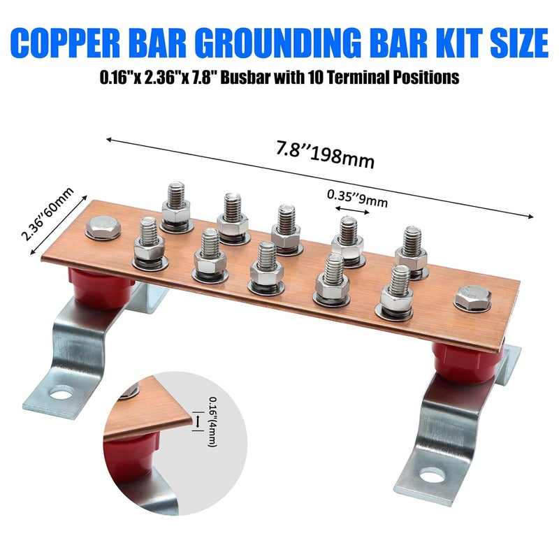 ELECTRAPICK Wall Mounted Copper Grounding Bar Kit, Copper Bus Bar 0.16"x 2.36"x 7.8" Ground Bus Bar with 10 Terminal Positions (2PC) - Image 3